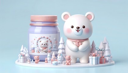 Cute cartoon polar bear with presents and a snow globe.