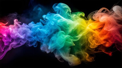 Vibrant Rainbow Smoke Swirls on Black Background, Colorful Abstract Art