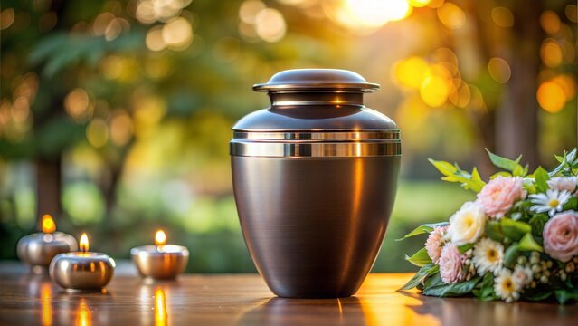 Elegant Funeral Urn with Flowers and Candles, Peaceful Outdoor Memorial Setting

