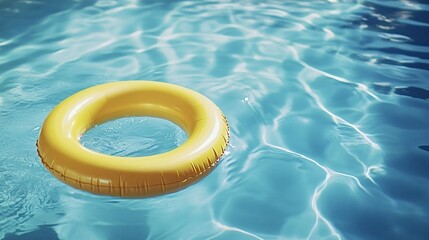 Bright yellow inflatable ring floating on the surface of a swimming pool, on a sunny day. Perfect for summer vacation and travel themes