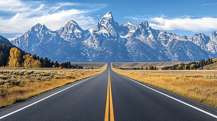 Fototapeta premium Empty highway is leading to the grand teton mountain range in wyoming, on a beautiful sunny day with a few clouds in the sky