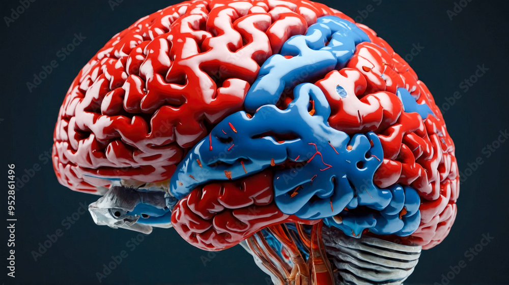 Poster highly detailed brain with blue and red sections, surrounded by intricate vascular structures, empha