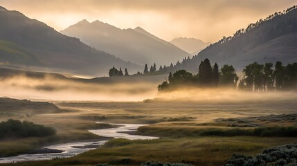 Fototapeta premium A serene mountain valley at sunrise, with layers of mist, a river winding through the landscape, and the first light hitting the peaks