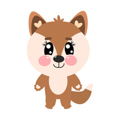 Obraz premium Kawaii cute baby fox in full height for children isolated on white background. Vector flat illustration for baby, kids, children in full length