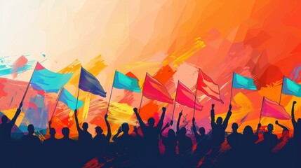 Fototapeta premium Silhouettes of People Celebrating with Flags and Abstract Background