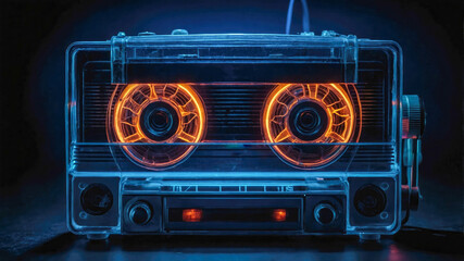 Fototapeta na wymiar A glowing, transparent neon blue cassette tape against a dark background, showcasing a retro vibe