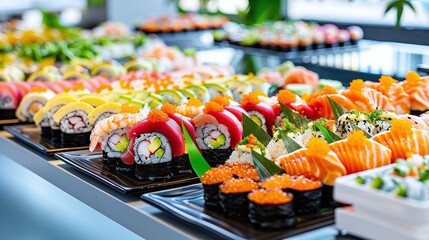 a gourmet sushi buffet station with an array of fresh rolls, sashimi, and accompaniments artfully displayed, top-tier catering service