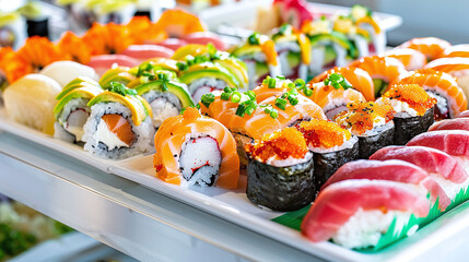 a gourmet sushi buffet station with an array of fresh rolls, sashimi, and accompaniments artfully displayed, top-tier catering service