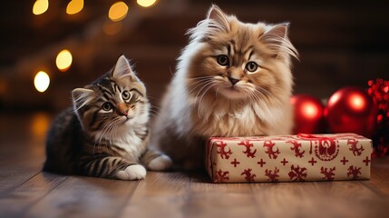 Cute cat and dog puppy with christmas gift boxes on wooden floor.