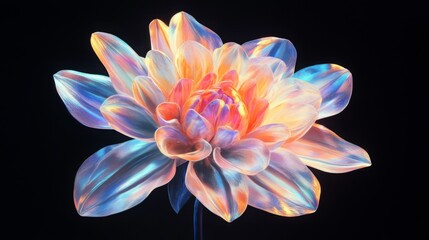 Fototapeta premium Chrome liquid metal dahlia flower. 3D render, modern design. Isolated holographic futuristic floral icon. Y2K, brutalism retro futurism concept.