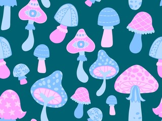 Cartoon autumn harvest seamless Halloween mushrooms pattern