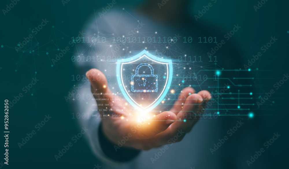 Aufkleber Cyber security and data protection, Privacy business internet technology. Businessman holding icon padlock and shield in hand with binary background. Protection data from hacker or cyber crime.