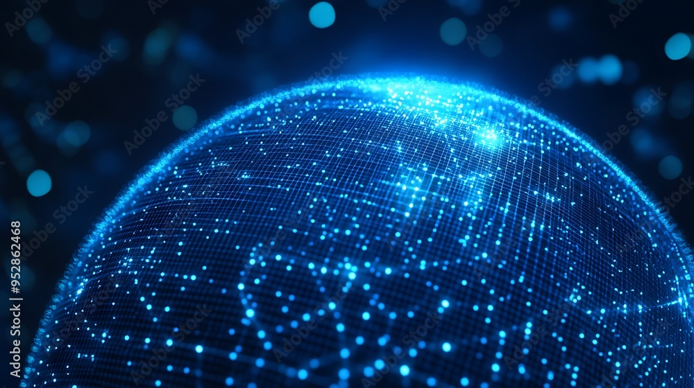Poster blue glowing sphere with a grid pattern and blurred lights in the background