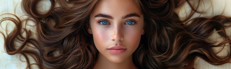 Obraz premium Woman with long hair laying down with her eyes open, portrait, banner, copy space