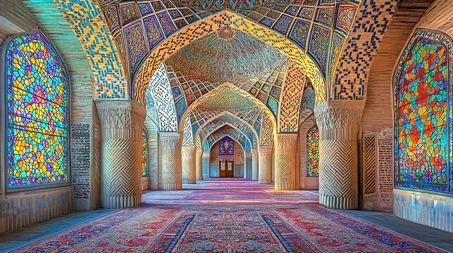 Interior of a Mosque with Stained Glass Windows and a Carpet