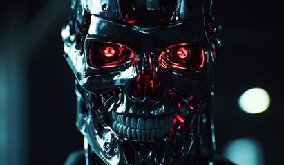Close-up of a robot, with glowing red eyes and a skull-like face, set against a dark background with cinematic lighting