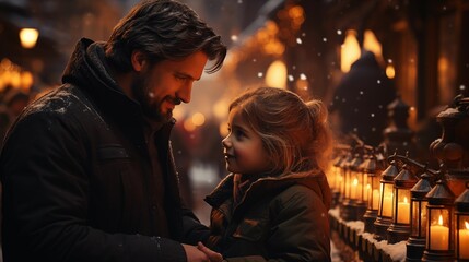 Obraz premium Father and child having wonderful time on traditional Christmas market on winter evening.