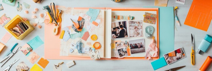 A scrapbook laid open on a light surface showcases a collection of photos, stickers, and embellishments, with crafting tools scattered around, creating a colorful creative workspace