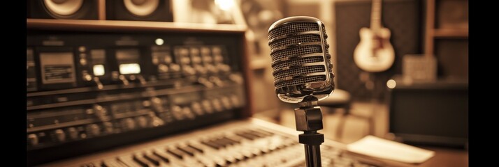 A vocalist performs passionately into an old-fashioned microphone, surrounded by vintage studio...