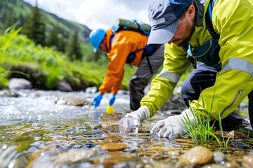 scientists testing water quality in a pristine mountain stream