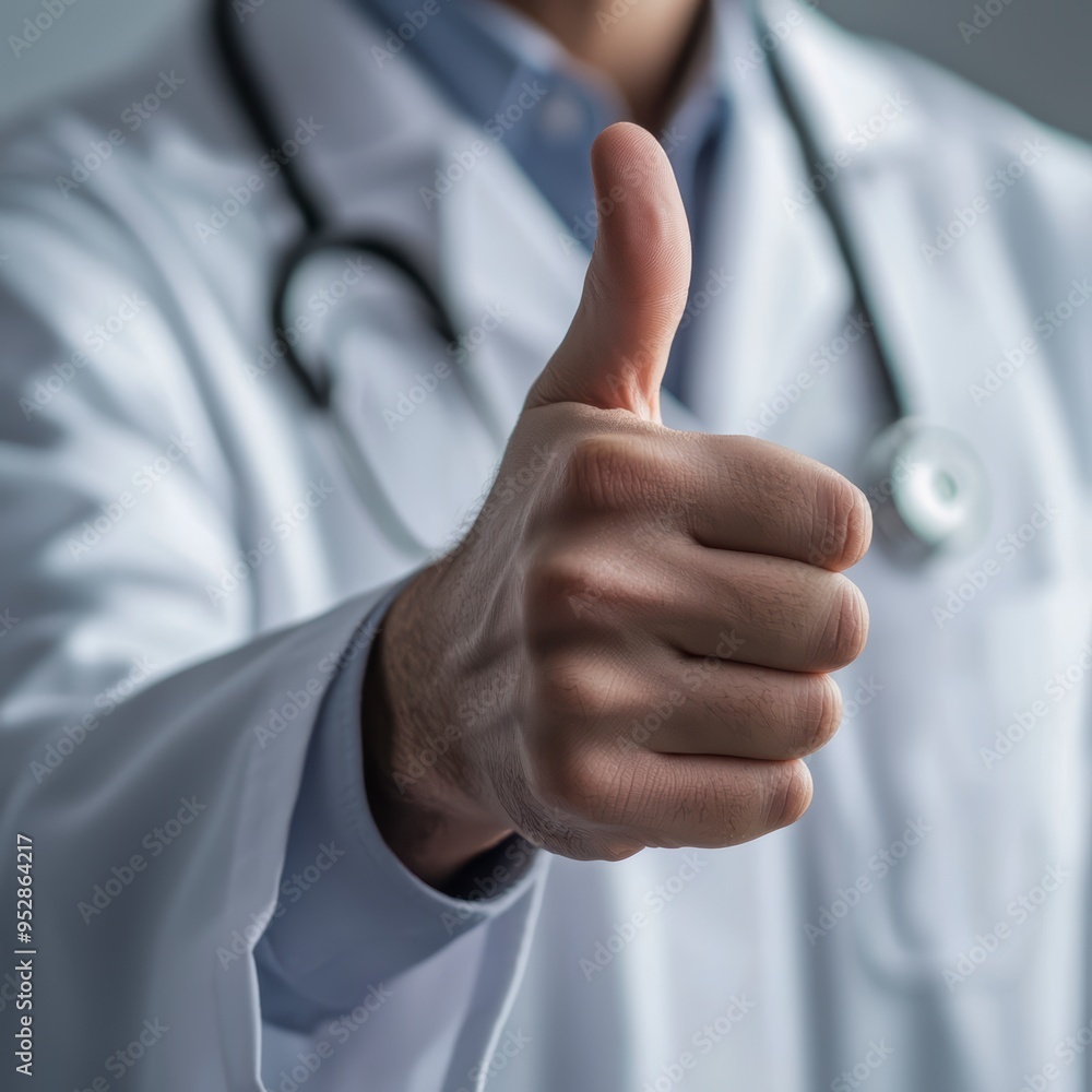 Wall mural a doctor in a white coat with a stethoscope gives a thumbs up in the background of the clinic