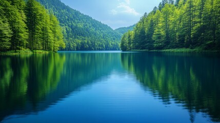 Obraz premium A serene mountain lake reflecting lush green forests and surrounding hills, showcasing a tranquil natural landscape under a blue sky