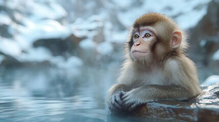 Realistic baby monkey expressive eyes sitting on a natural rock