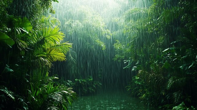 Intense rainfall pours down in a dense, lush tropical rainforest, drenching vibrant green foliage and creating a serene, natural atmosphere
