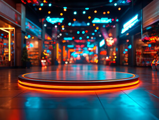 Obraz premium Central empty 3D podium with Cyber Monday signs flashing around it. Doorbuster Deals banners fill the background, and holiday shopping bags with big savings tags are scattered around.