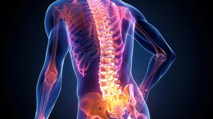 Detailed illustration of the human spine and skeleton with a highlighted, glowing lumbar region, indicating back pain or spinal issues