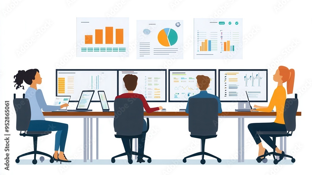 Poster A team is engaged in a productive session, analyzing data and sharing insights in an organized office environment. Generative AI
