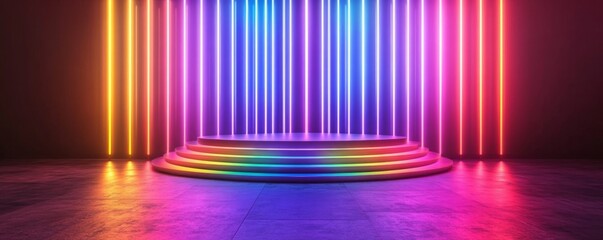 A modern empty stage illuminated by vibrant neon lights in a variety of colors, perfect for events, performances, or presentations