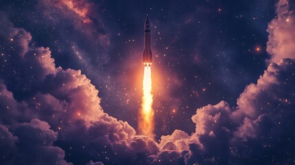 Rocket Launch Through Clouds and Stars