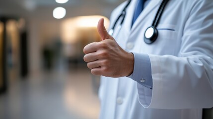 A doctor in a white coat with a stethoscope gives a thumbs up in the background of the clinic
