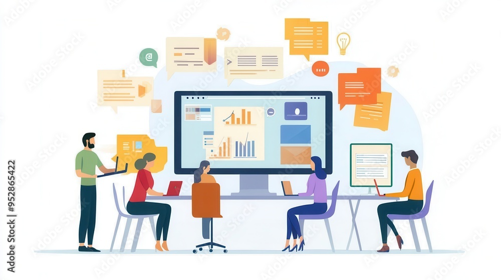 Poster a diverse group of individuals is engaged in teamwork at a conference table, each working on their l