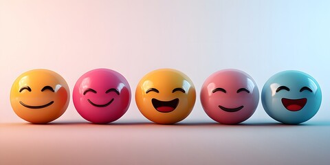Fototapeta premium Group of cheerful smiley emojis with hearts and tears on a gradient background