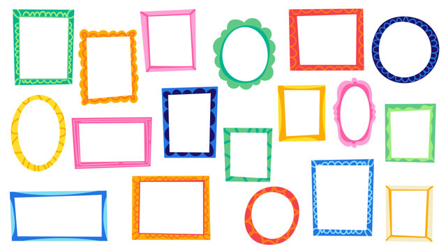 Vector collection of simple frames and borders in different shapes and bright colors. Trendy style. Detailed decorative elements isolated on white