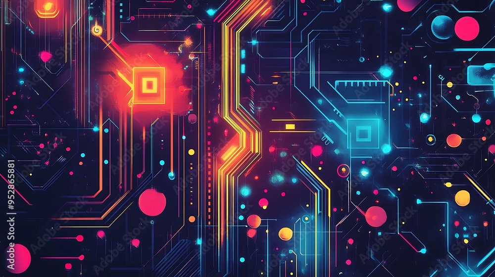 Poster abstract neon circuit board with glowing lines and circles