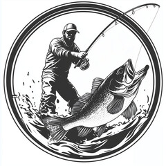 A fisherman stands battling a large bass with his fishing rod inside a dynamic, round vector logo, capturing the excitement of sport fishing and outdoor adventure.