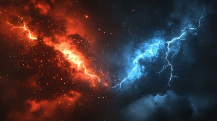 Fototapeta premium Epic Cosmic Clash: Two Thunderstorms Collide in a Fiery Electrical Storm