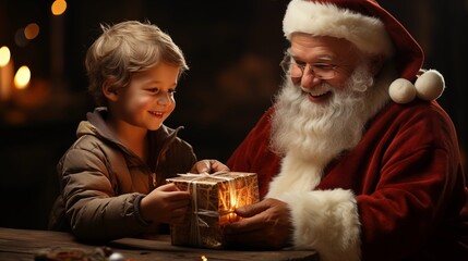 santa claus giving christmas gifts to little child.