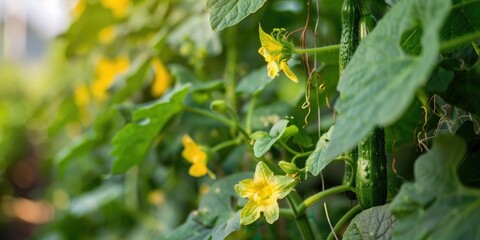 Cucumber plants climbing along trellis in garden Close up of cucumber flower on trellis