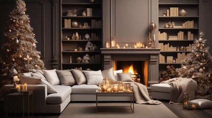 Stylish interior of living room with fireplace decorated Christmas tree.