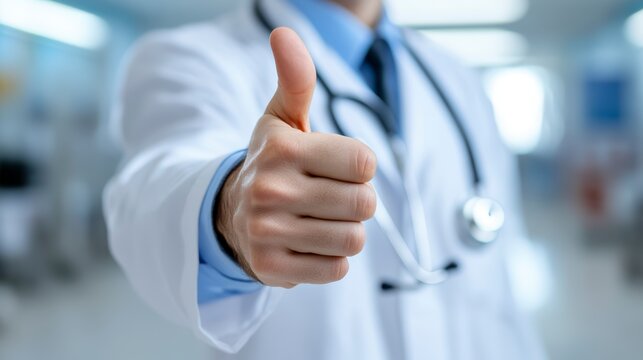 A doctor in a white coat with a stethoscope gives a thumbs up in the background of the clinic