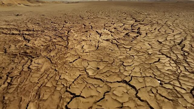 Dynamic shot of cracked soil ground of dried lake or river in mountains.
