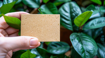 Hand holding plantable seed paper card against green leaves in natural environment
