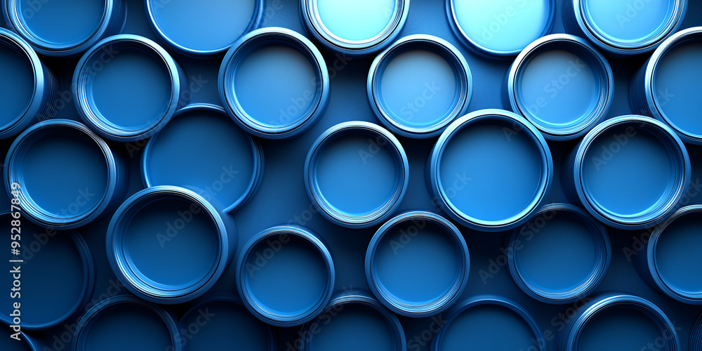 Poster a collection of round blue containers arranged in a uniform pattern on a smooth surface, showcasing 
