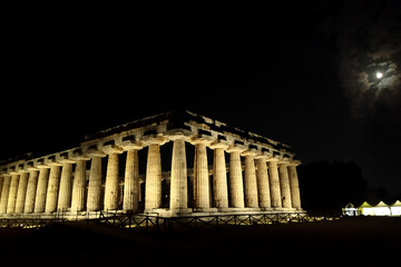 Temple in Paestum. A night shot of temple inside the archeological area of Paestum, SALERNO -...