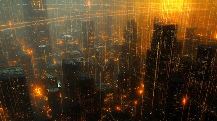 Naklejka premium Futuristic Cityscape with Glowing Grid Pattern