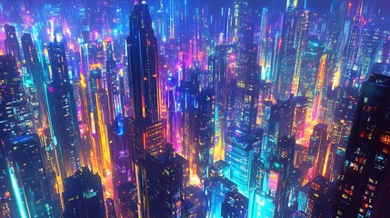 A Futuristic Cityscape Illuminated by Neon Lights